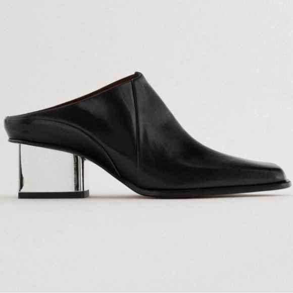Zara square toe block heel mules black leather size 36 - Picture 2 of 10